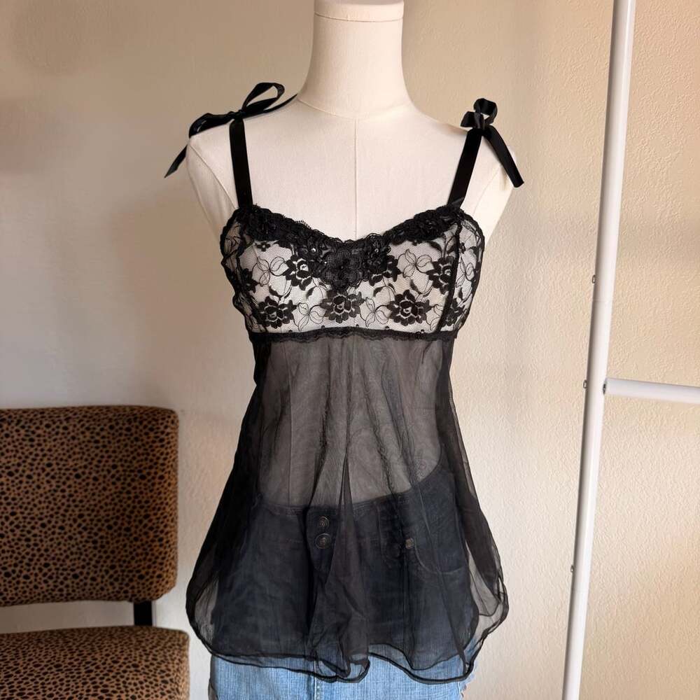 Vintage Black Sheer Mesh Hand Beaded Babydoll Cami Top Small